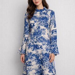 Blue Toile Print Maxi Dress | Vintage-Inspired Prairie Cottagecore Gown L